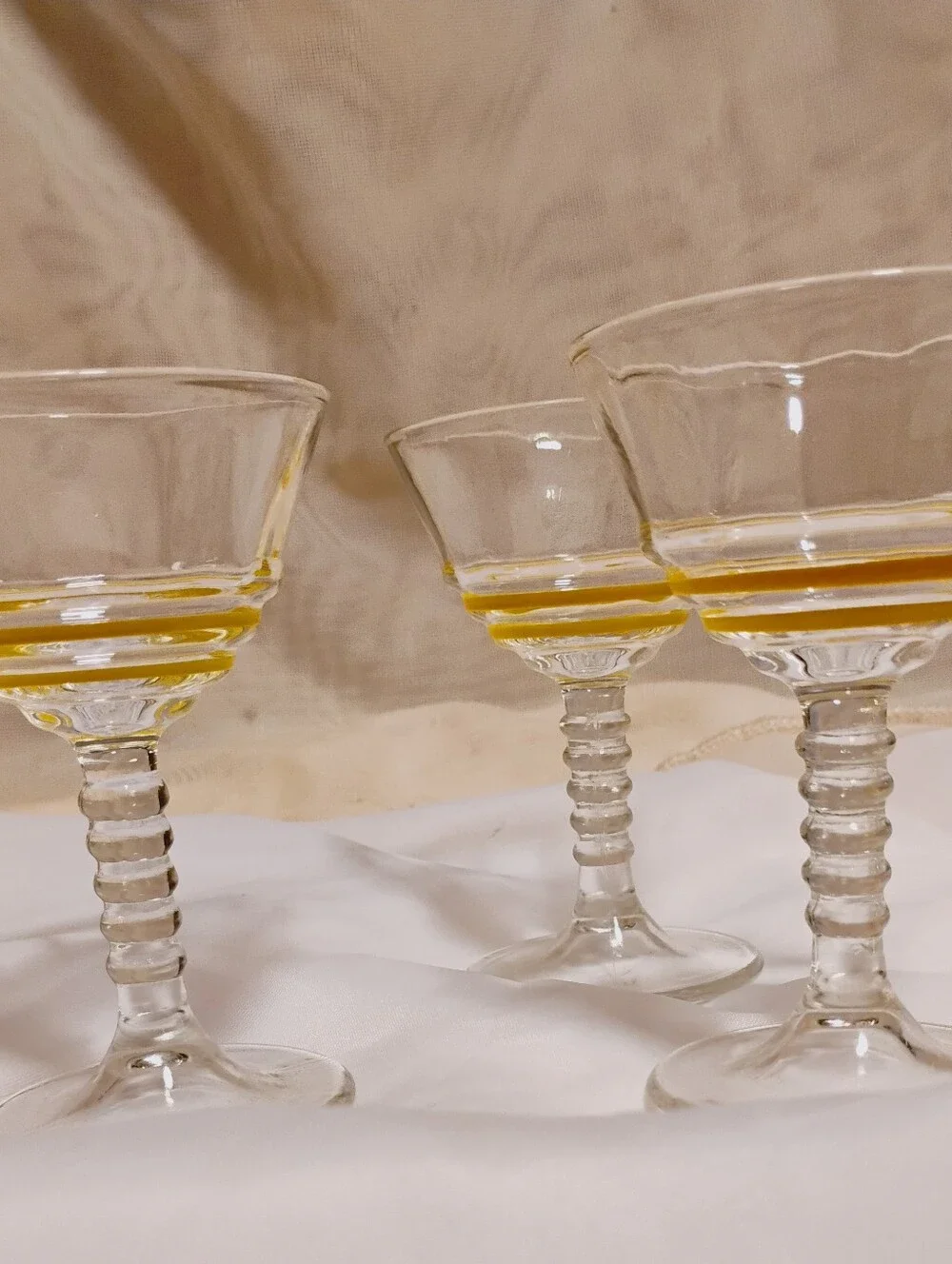 Set of 3 Harvest Yellow Detailed/Ringed Stem/Retro Bar Cart/Vintage